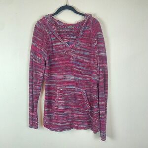Eddie Bauer Women's Size L Multicolored‎ Striped V Neck Hooded Knit Sweater